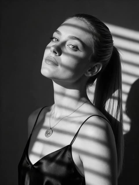 Venetian-blind shadows, black and white のテンプレートプレビュー（RYLA のサンプルインフルエンサーで表示）