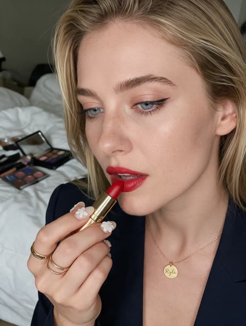 Red lipstick, makeup on the bed のテンプレートプレビュー（RYLA のサンプルインフルエンサーで表示）