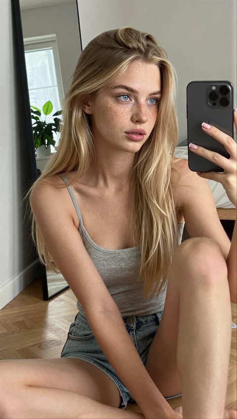 Floor Mirror Selfie のテンプレートプレビュー（RYLA のサンプルインフルエンサーで表示）