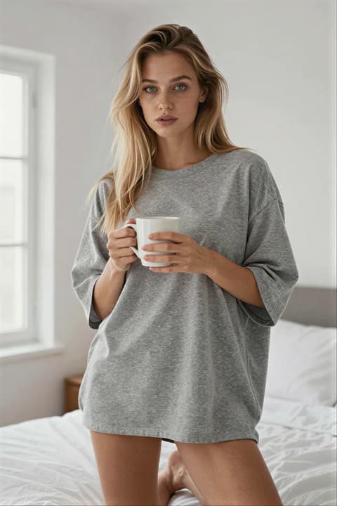 Oversized Shirt のテンプレートプレビュー（RYLA のサンプルインフルエンサーで表示）