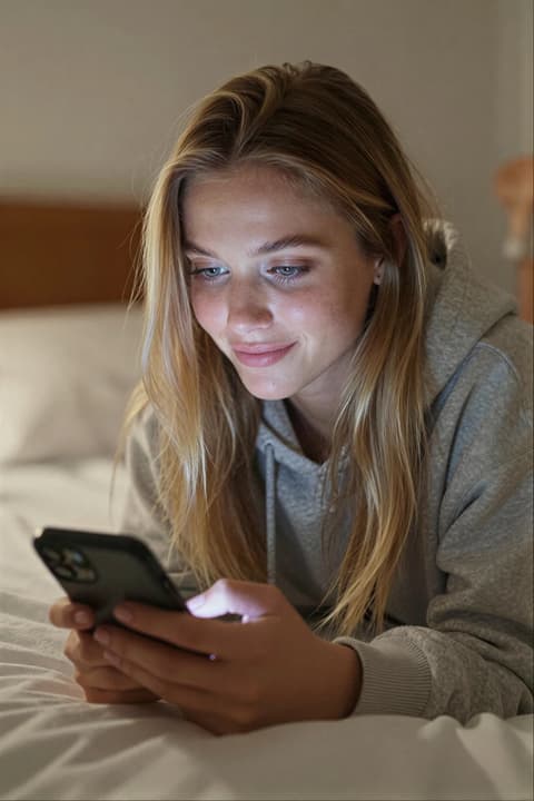 Scrolling in Bed のテンプレートプレビュー（RYLA のサンプルインフルエンサーで表示）