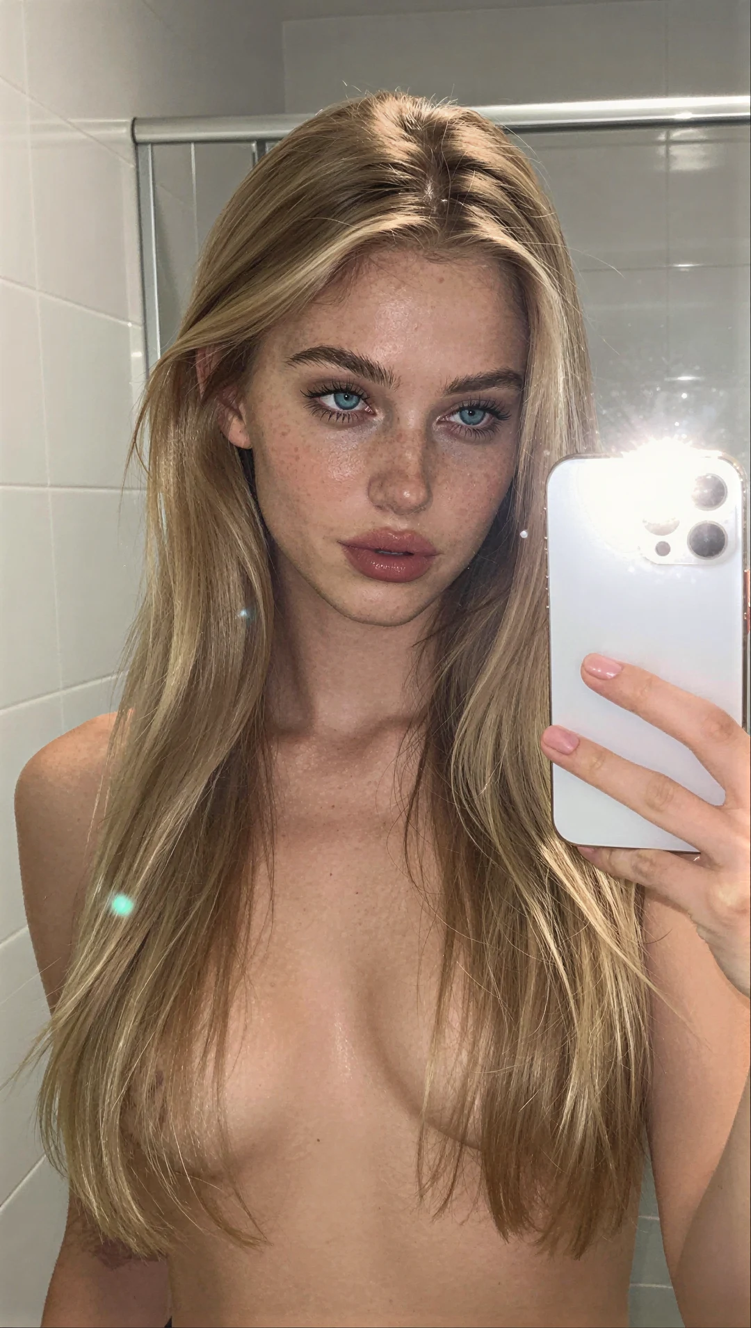 Bathroom mirror selfie template applied to the influencer